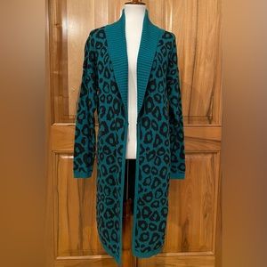 NWT BCBGeneration - Teal Leopard Print Knit Duster/Long Sweater, Shawl Collar, M
